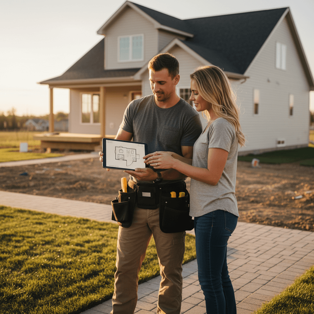 Contractor showing invoice to customer