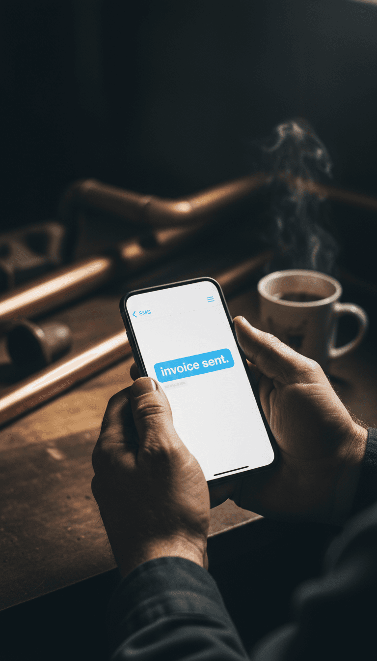 Hands holding smartphone with 'invoice sent' confirmation
