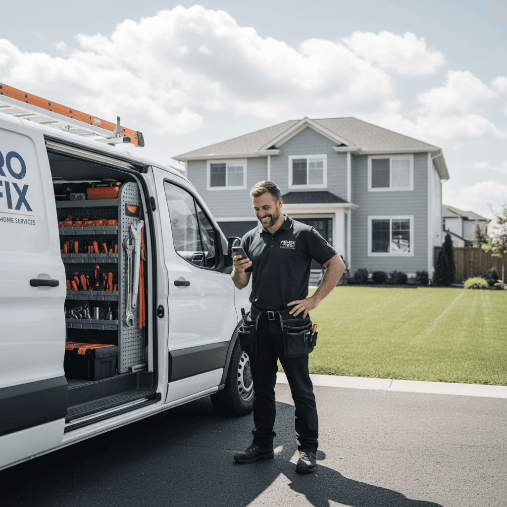 Contractor by service van with phone