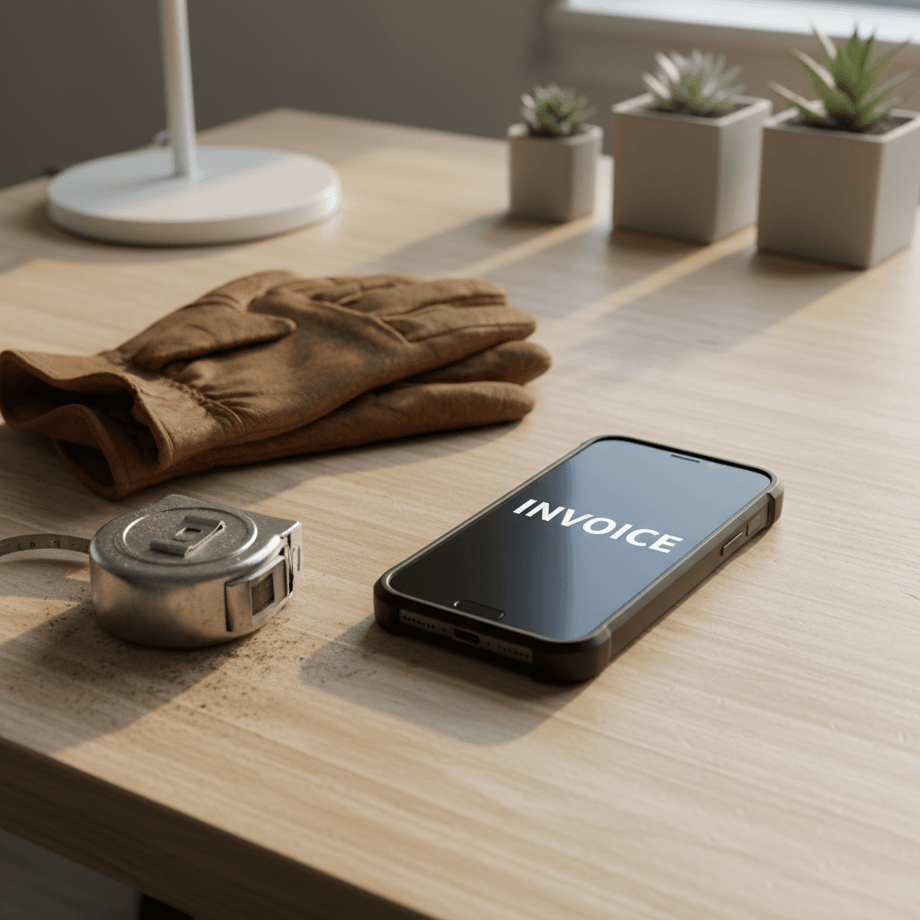 Smartphone on a workbench with 'invoice' text message and contractor tools